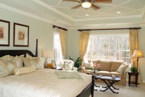 Luxury master bedroom suite in an upscale american home showing the king sized bed, sitting area and tray ceiling.