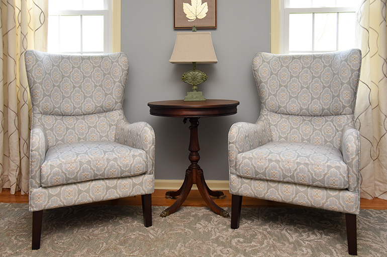 Modern Blue Wingback Chairs - Details Full Service Interiors - Monson Interior Decorator