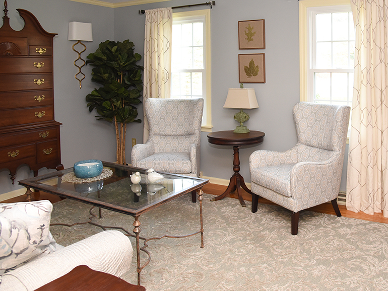 Using antiques in an updated blue living room - Details Full Service Interiors - MA Interior Decorator