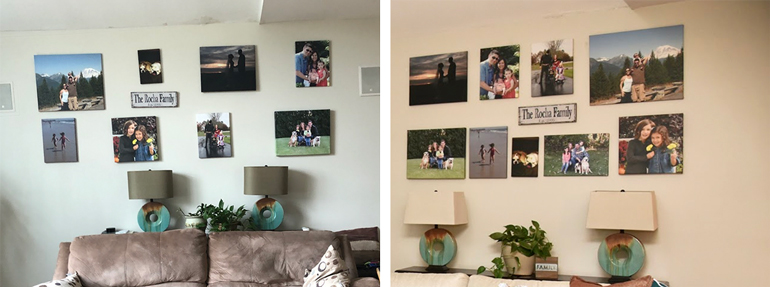 Updated Family Photo Wall - Photo Collage - Wall Display - Details Full Service Interiors - Interior Decorating in Western Mass