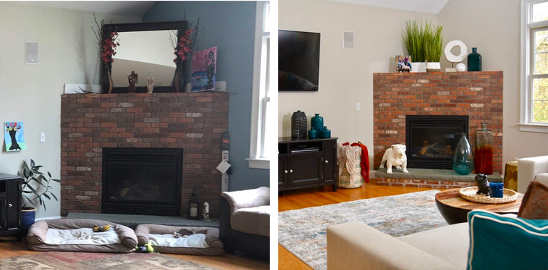 What to do with a brick corner fireplace - Details Full Service Interiors - Interior Design in Monson MA