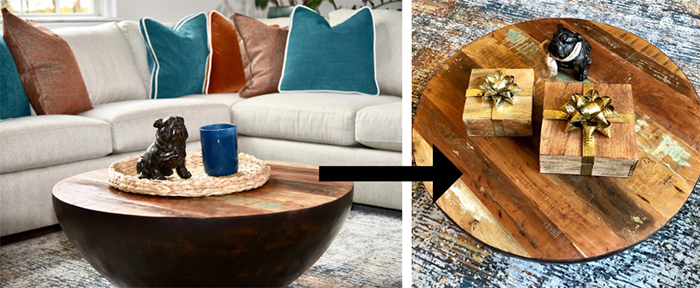 Swap out decor - Coffee Table - The best way to decorate for Christmas - Western Mass Details Full Service Interiors