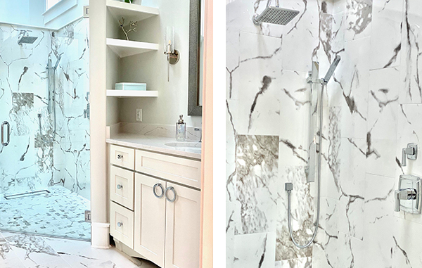 White Vanity - Marble Tile Shower - Bathroom Remodel - Details Full Service Interiors