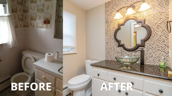 White Bathroom Mosaic Tile Wall - Bathroom Renovation Before and After - interior Design in Western Massachusetts - Details Interiors