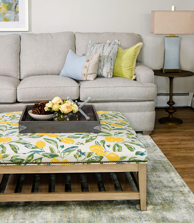 Gray Sofa - Lemon Ottoman - Green Rug - Furniture You Need - Interior Decorating in Mass