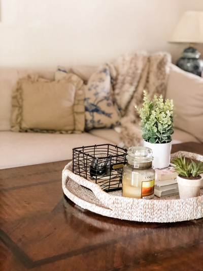 Wood Coffee Table - White Wicker Tray - Plants and Candle - Massachusetts Furniture