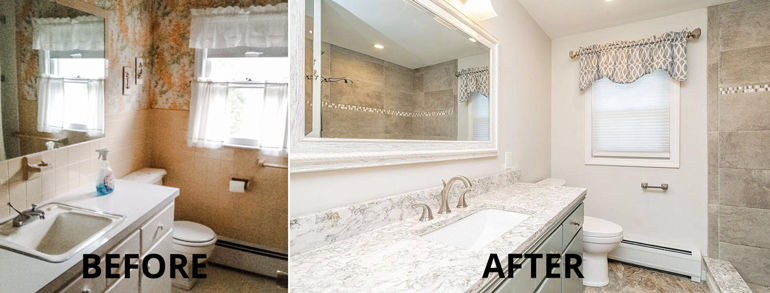 Green and Gray Bathroom Before and After - How to tackle a home transformation one project at a time - East longmeadow massachusetts interior design