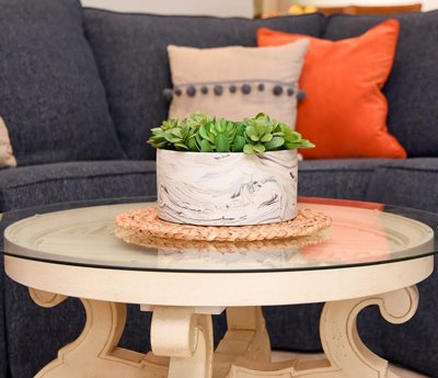 Blue Sofa - Accessories - Orange Pillow - Succulents - Western MA Interior Design
